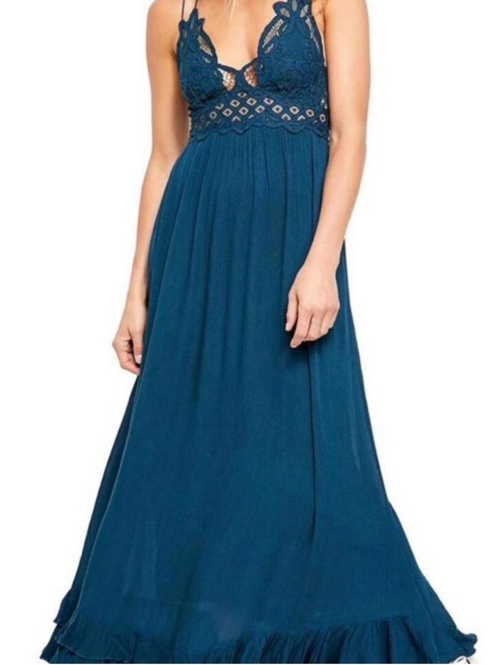 Free People Adella Maxi Slip Turquoise Lace Dress (M)